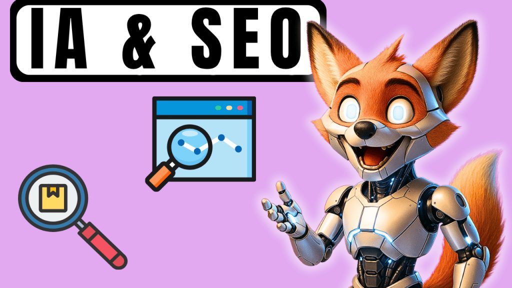 Mascotte Rankerfox pointant le titre « AI Overviews en Europe : impact SEO 2025 (guide) » sur fond bleu.